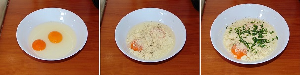 Se toarnă ouăle într-un bol și se adaugă brânza Grana Padano rasă și o măcinată generoasă de piper împreună cu arpagicul tocat mărunt.